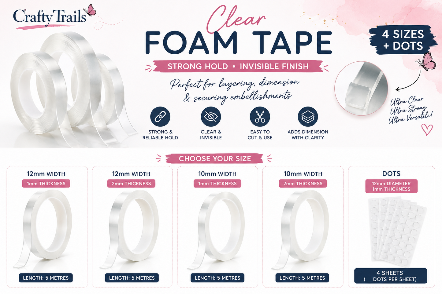 CT Double Stick clear foam Tape 10mm x 1mm thickness